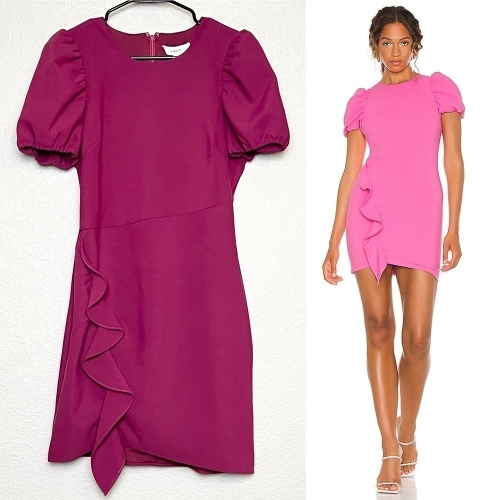 NWT LIKELY Puff Short Sleeves Asymmetrical Ruffle Dress‎ Berry Cocktail Sheath 8